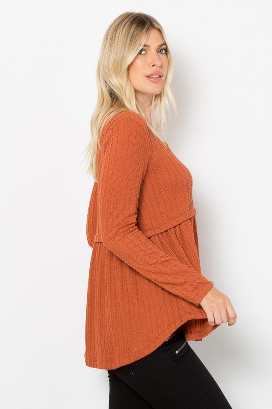 Be Stage Texture Babydoll Round Neck Long Sleeve Knit Top