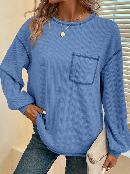 Contrast Stitching Round Neck Long Sleeve T-Shirt