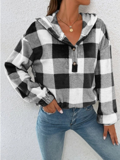 Plaid Half Button Long Sleeve Hoodie