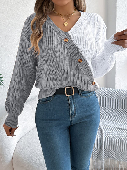 Two-Tone V-Neck Long Sleeve Sweater