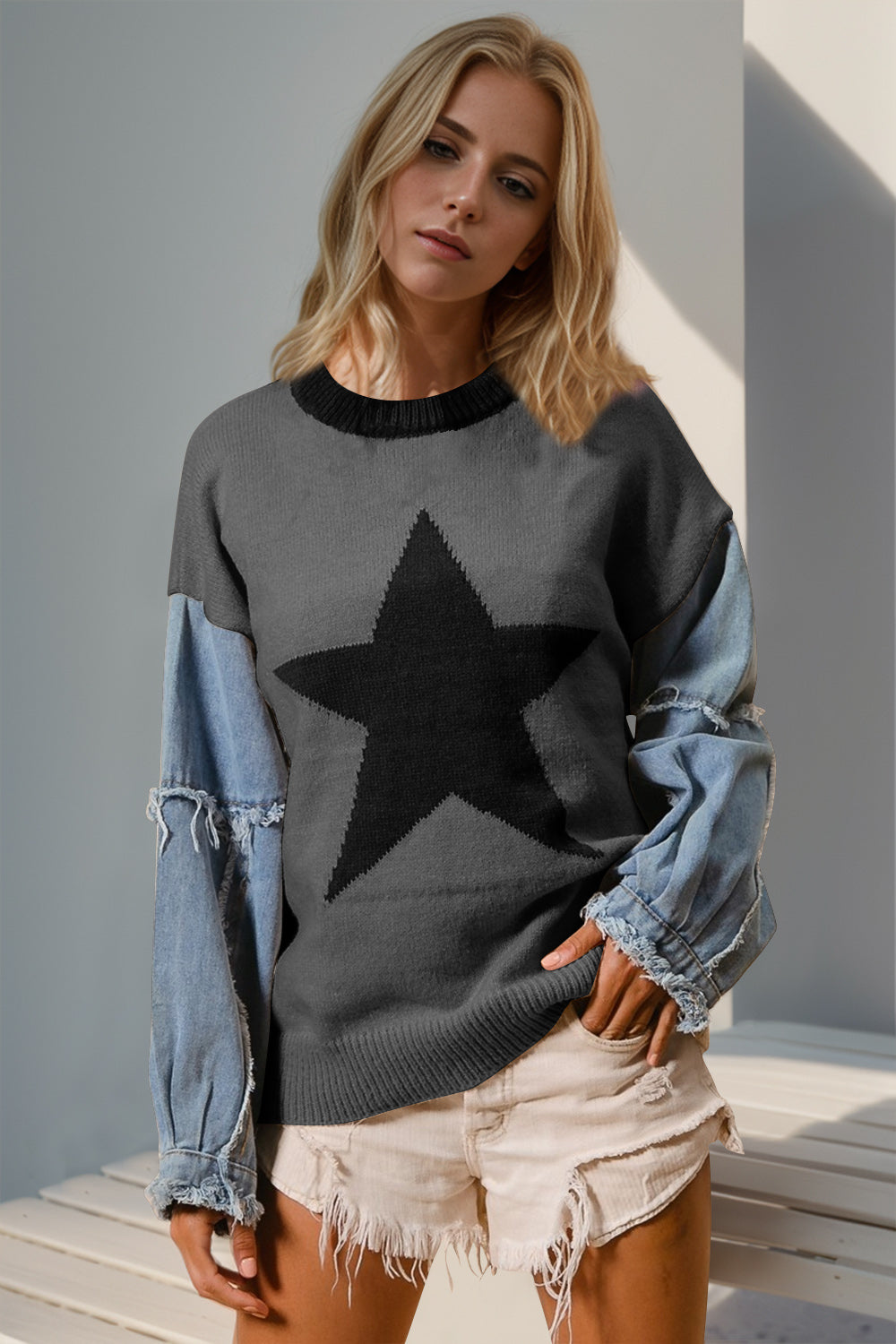 Star Pattern Raw Edge Long Sleeve Sweater