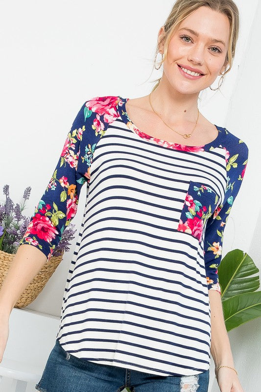 FLORAL STRIPE MIXED BASEBALL TOP