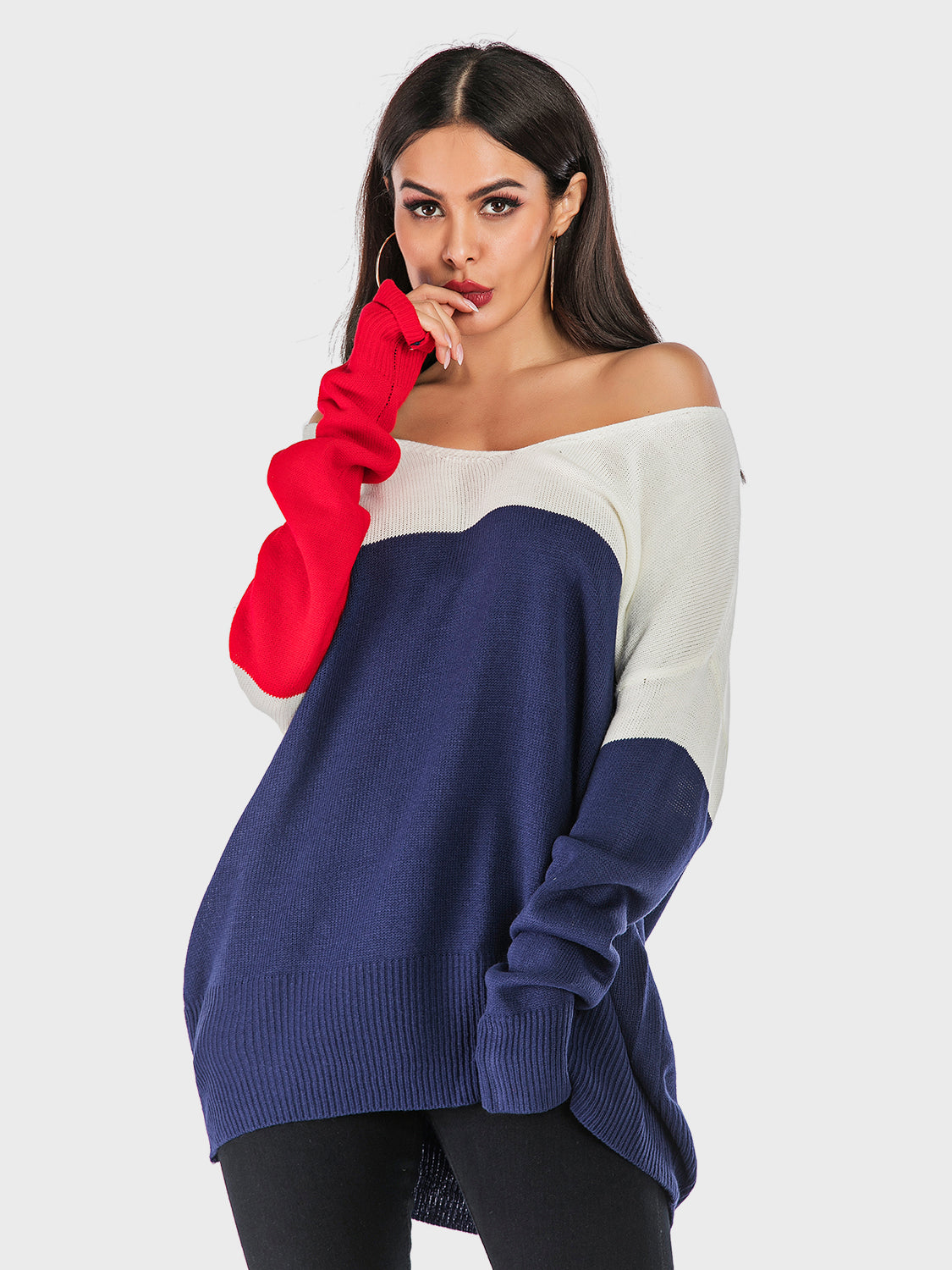 Contrast V-Neck Long Sleeve Knit Top