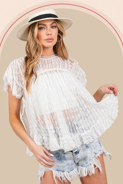 Round Neck Short Sleeve Lace Blouse