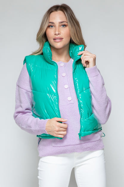 Zip Up Turtleneck Shiny Quilted Vest