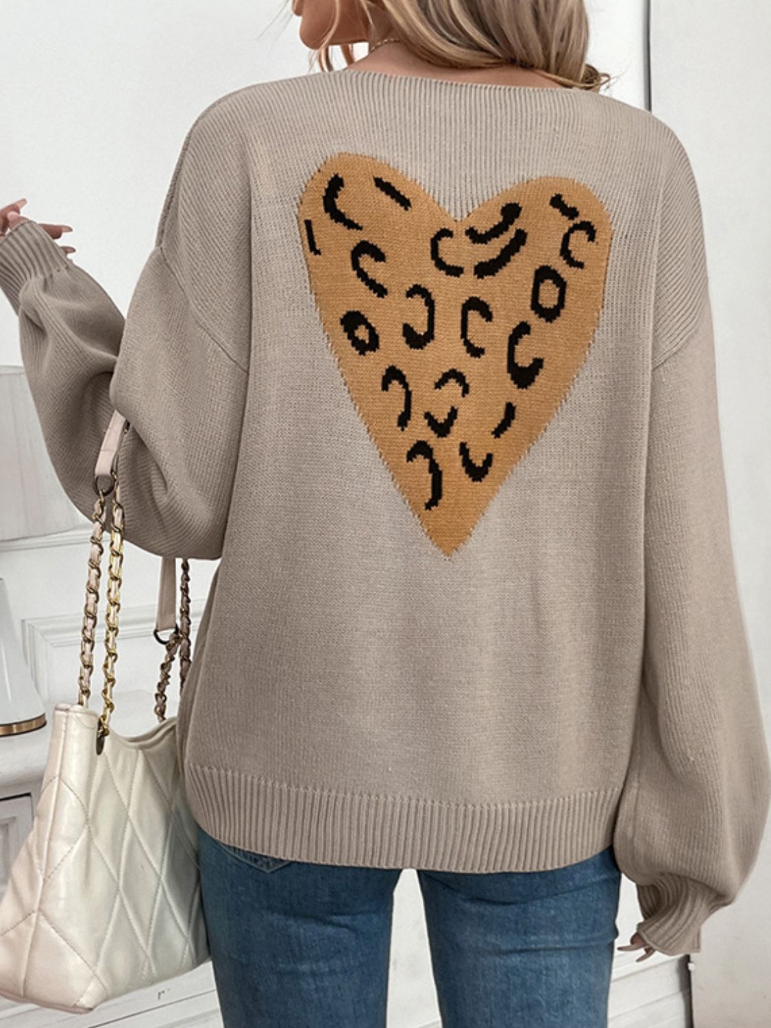 Tied Contrast Heart V-Neck Long Sleeve Cardigan