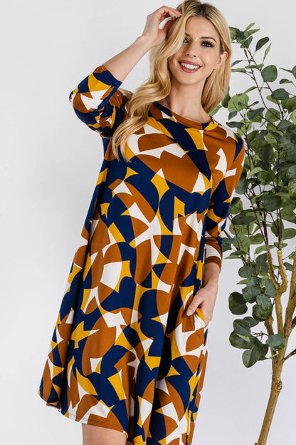 Geometric Round Neck Dress with Pockets