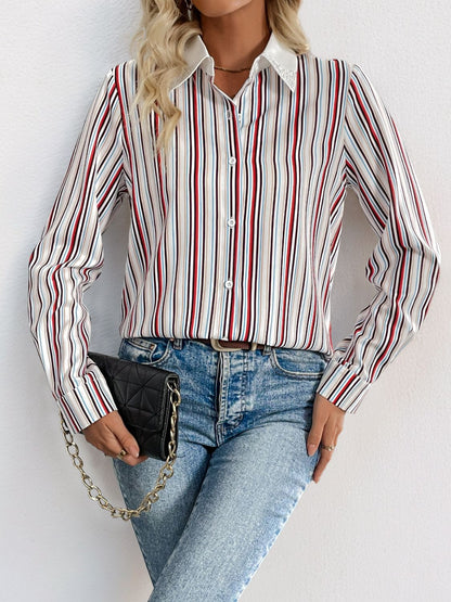 Contrast Striped Collared Neck Long Sleeve Shirt