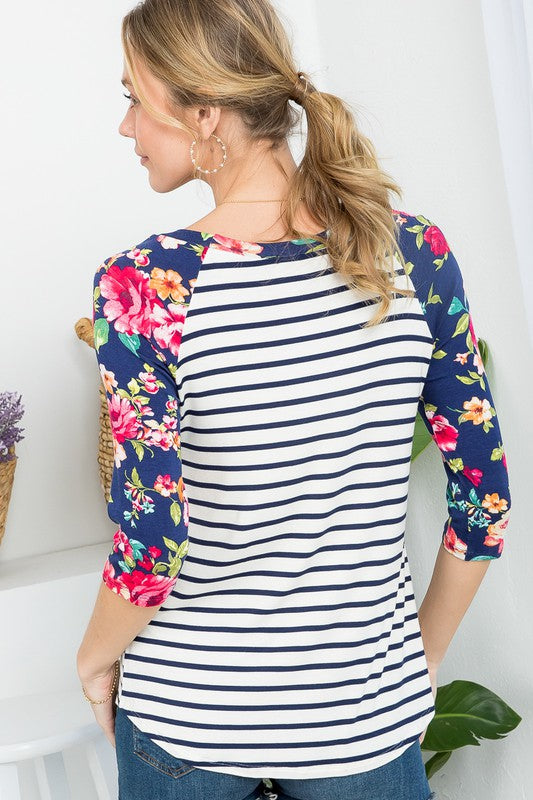 FLORAL STRIPE MIXED BASEBALL TOP