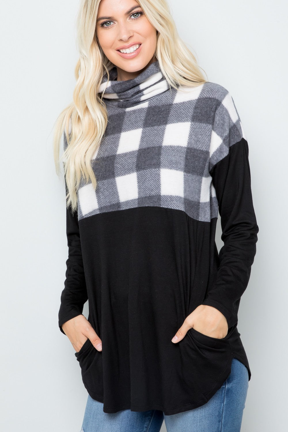 Pocketed Plaid Turtleneck Long Sleeve Blouse