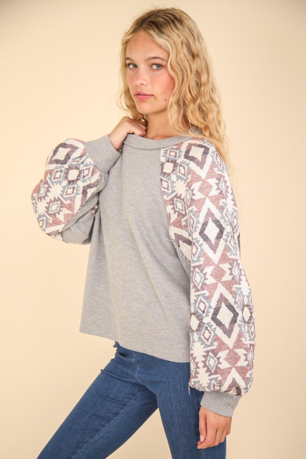 Printed Long Sleeve Round Neck Knit Top