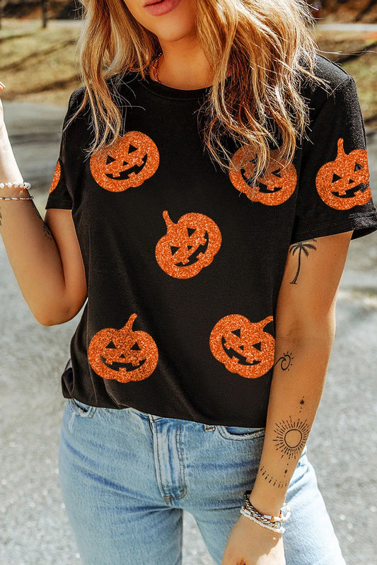 Glitter Jack-O'-Lantern Round Neck Short Sleeve T-Shirt