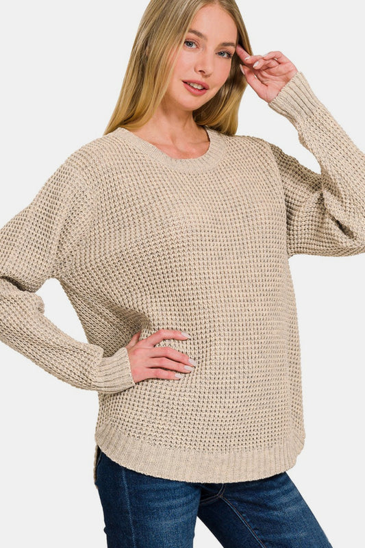 High Low Long Sleeve Waffle Sweater