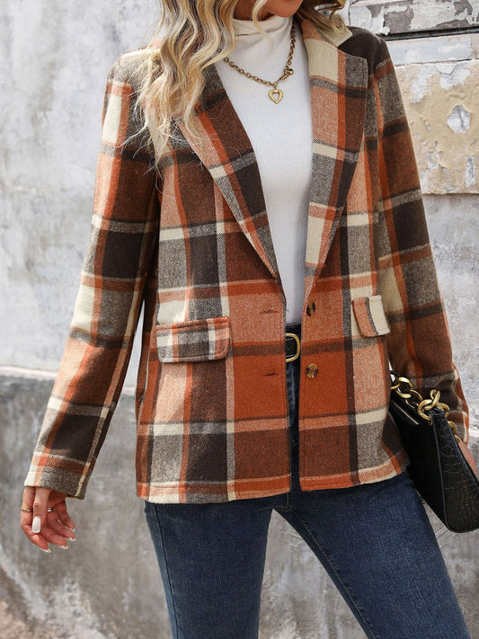 Plaid Button Down Lapel Collar Blazer