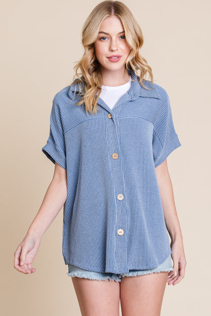 Button Up Short Sleeves Ribbed Shirt