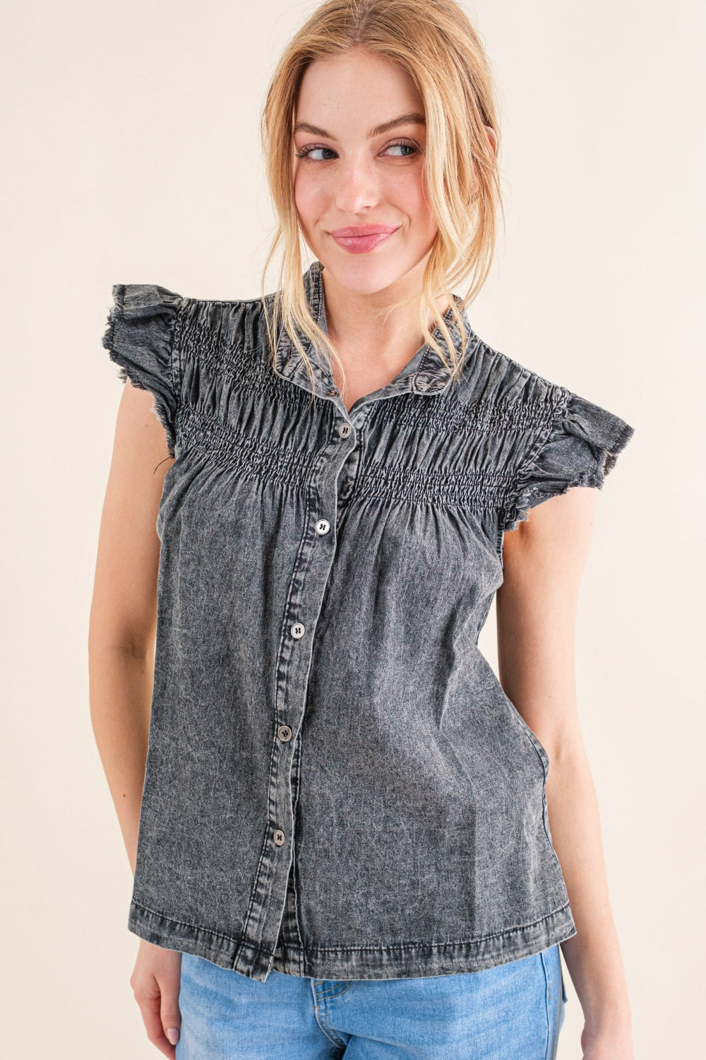 Ruffled Button Up Cap Sleeve Denim Top