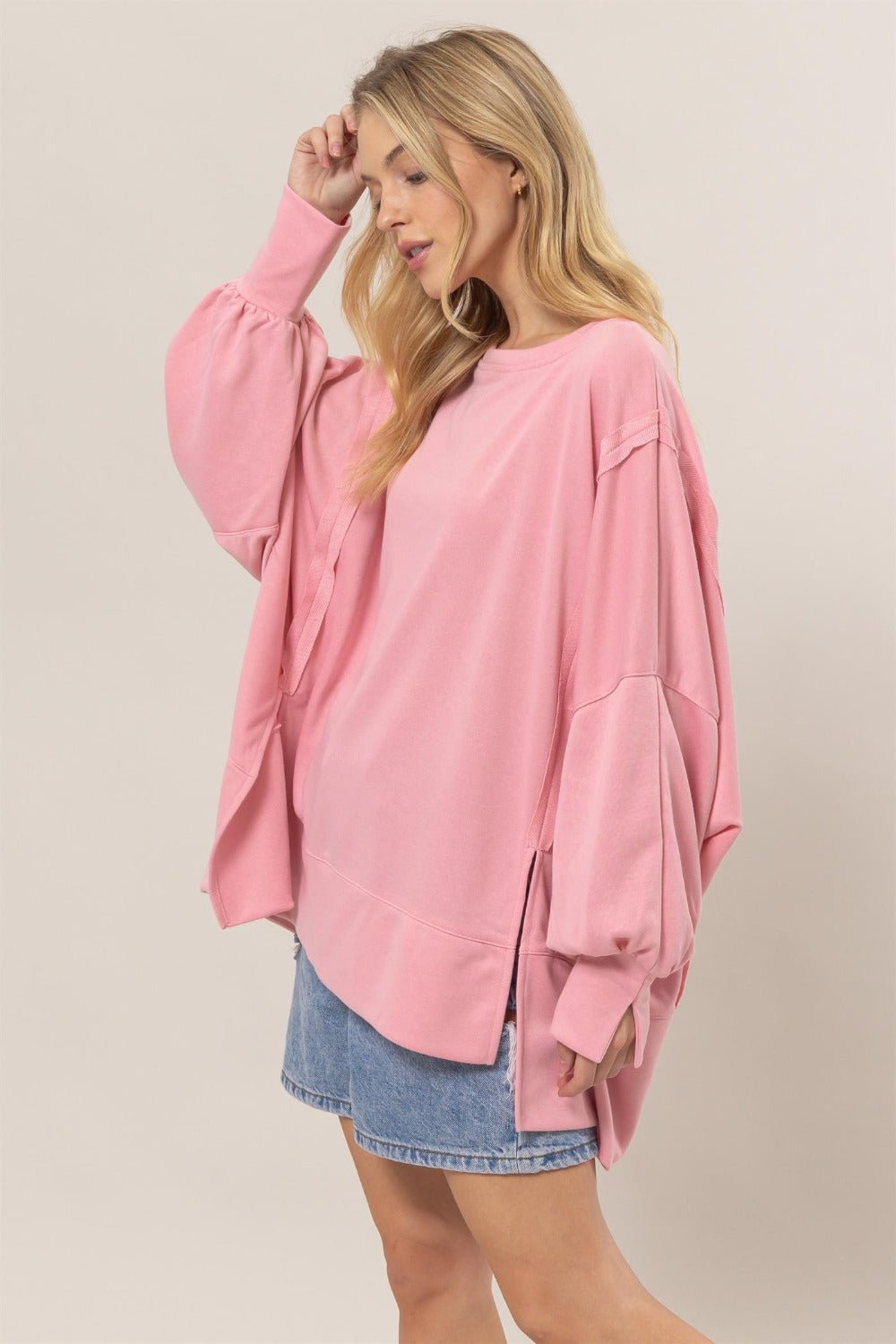 French Terry Long Sleeve High-Low Slit Sweatshirt