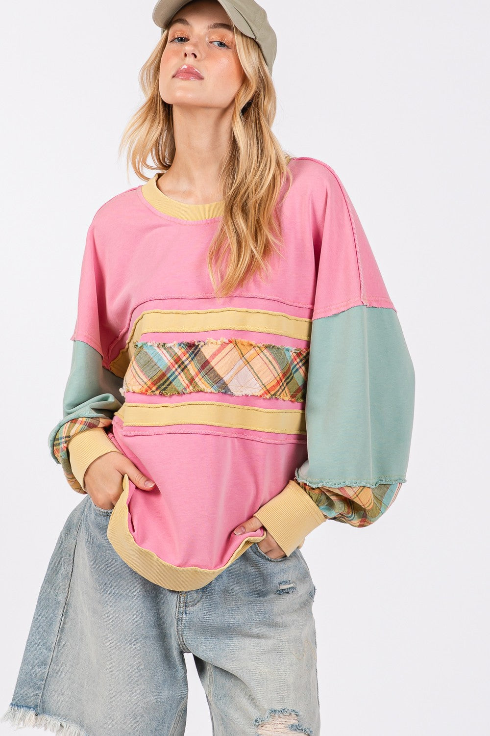 Mineral Wash Raw Edge Color Block Sweatshirt