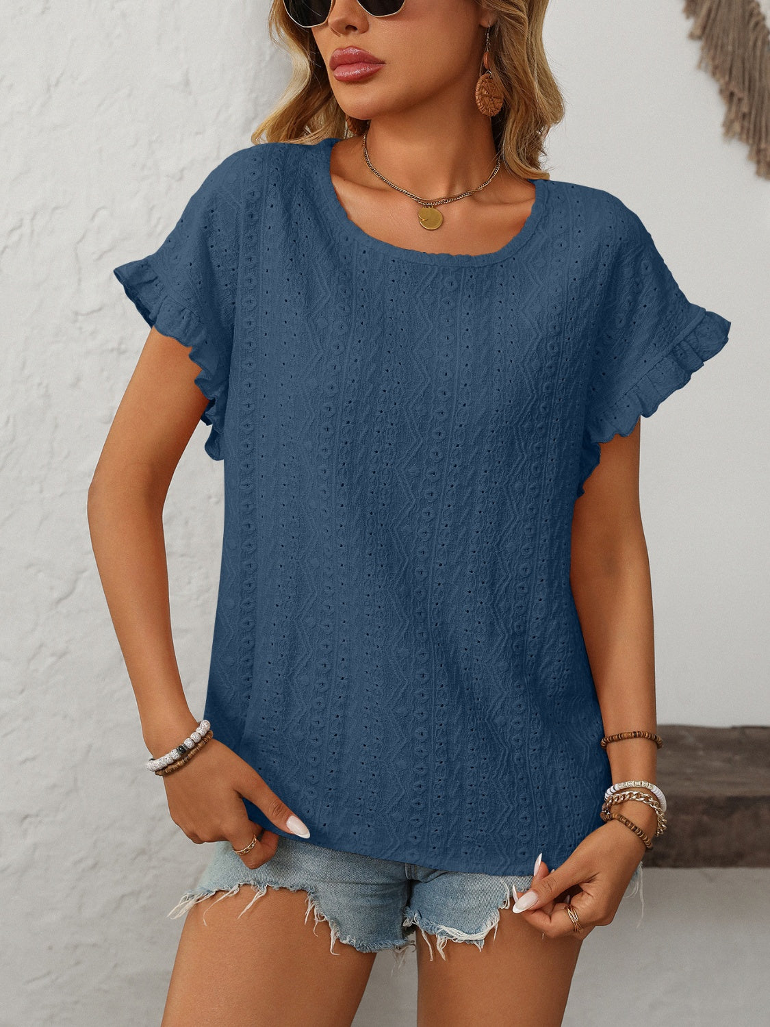 Eyelet Round Neck Short Sleeve Top