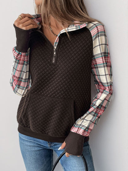 Plaid Half Zip Long Sleeve Sweatshirt