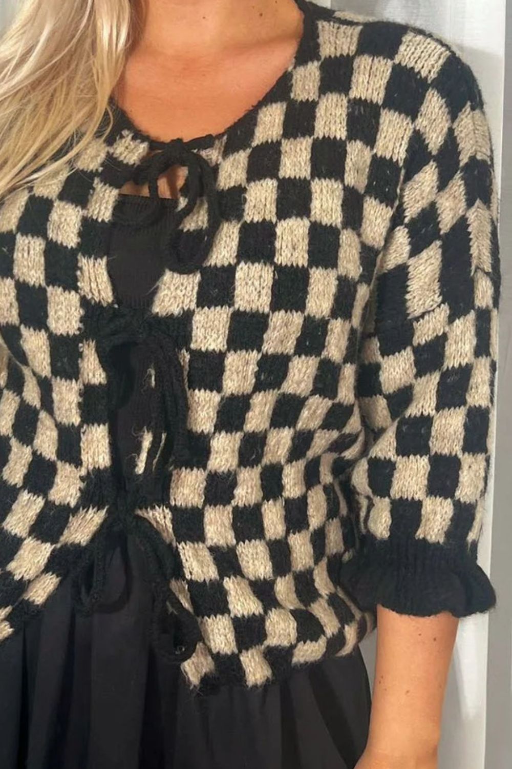 Tied Checkered Dropped Shoulder Flounce Sleeve Cardigan