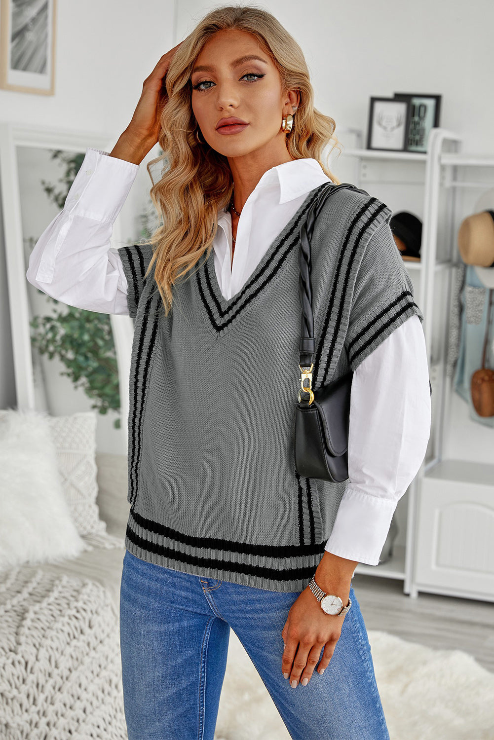 Striped Trim V-Neck Sweater Vest