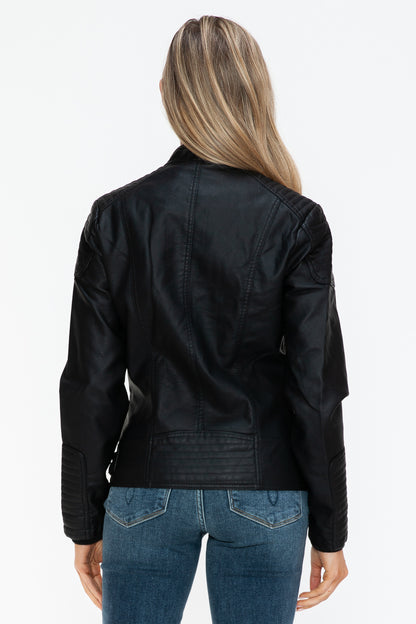 Faux Leather Biker Jacket with Side Zip Pockets