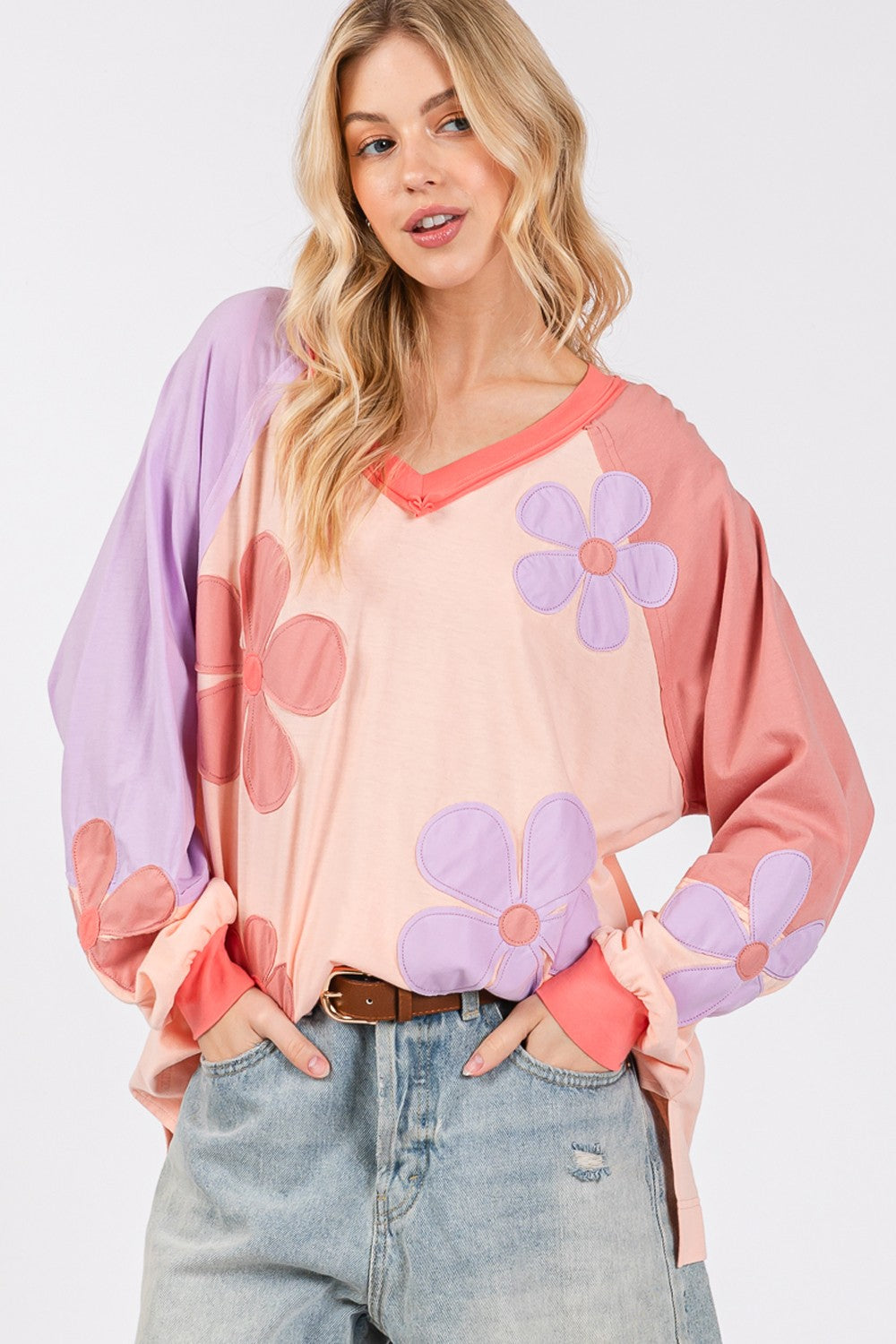 Daisy Applique Patch Color Block Long Sleeve Top