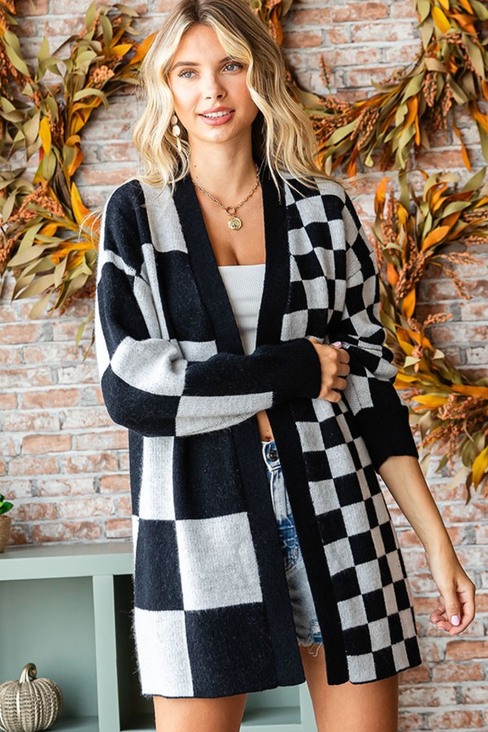 Checkered Open Front Long Sleeve Cardigan