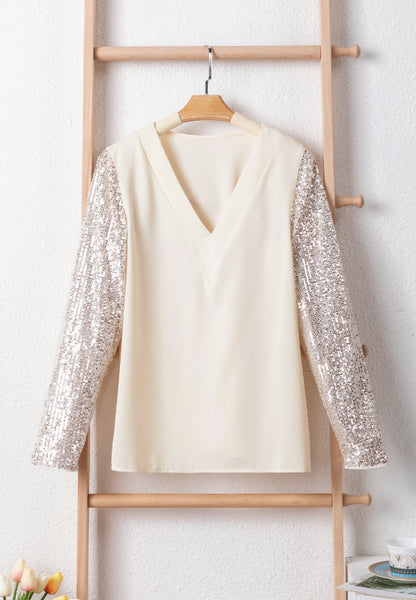 Sequin V-Neck Long Sleeve Blouse