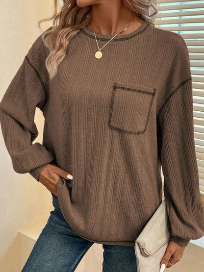 Contrast Stitching Round Neck Long Sleeve T-Shirt