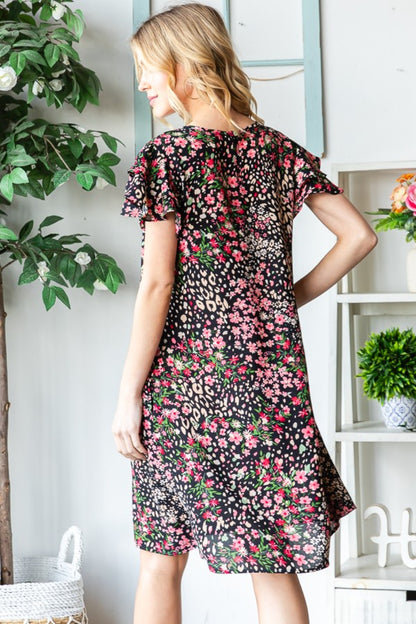 Printed Ruffled Short Sleeve Dress with Pockets