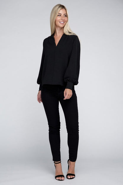 Woven Airflow V-Neck Long Sleeve Top