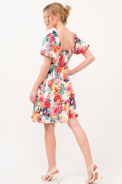 Square Neck Puff Sleeve Floral Dress