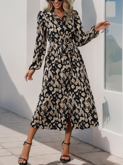 Printed Long Sleeve Midi Dress