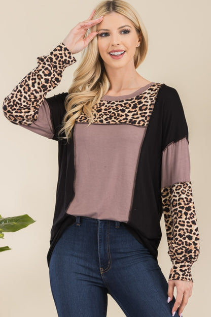 Leopard Color Block Exposed Seam T-Shirt