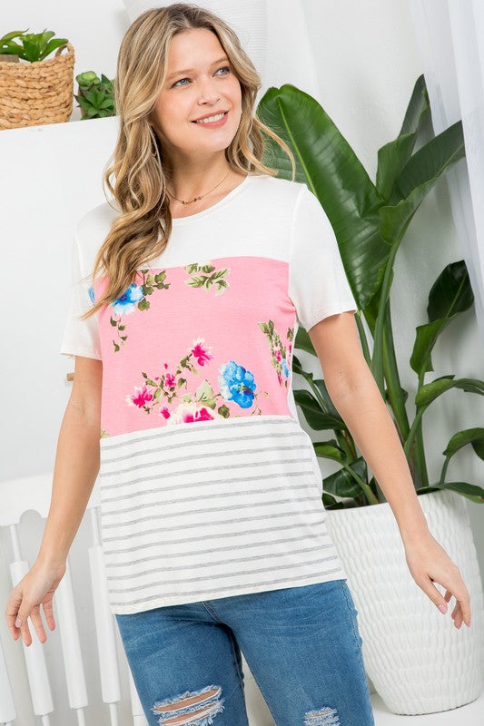 PLUS FLORAL STRIPE MIXED TOP