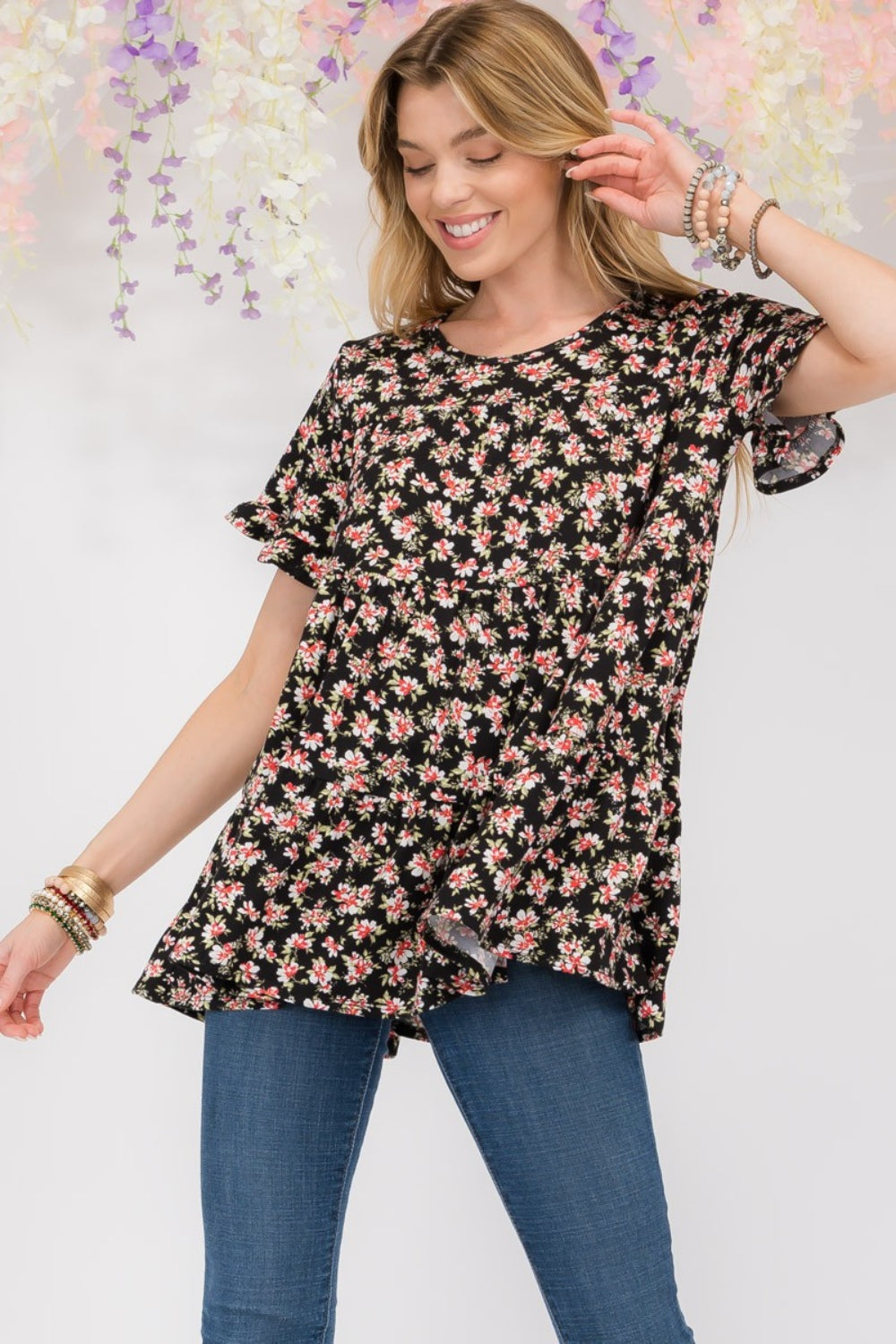 Floral Ruffled Short Sleeve Blouse