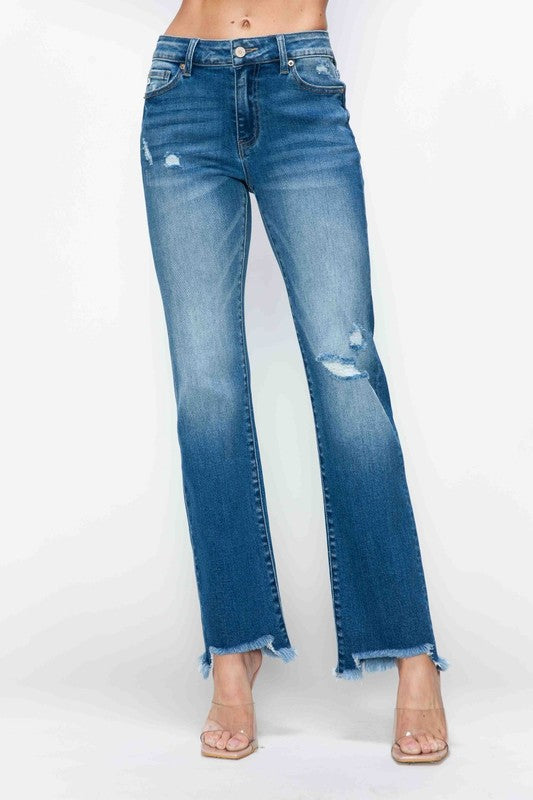 bytos Raw Hem Distressed Mid Rise Straight Jeans