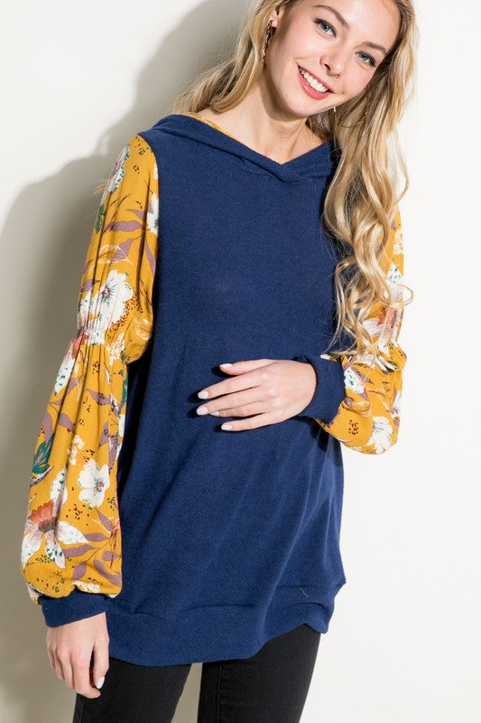 SOLID FLORAL PRINT BUBBLE PUFF SLEEVE HOODIE TOP