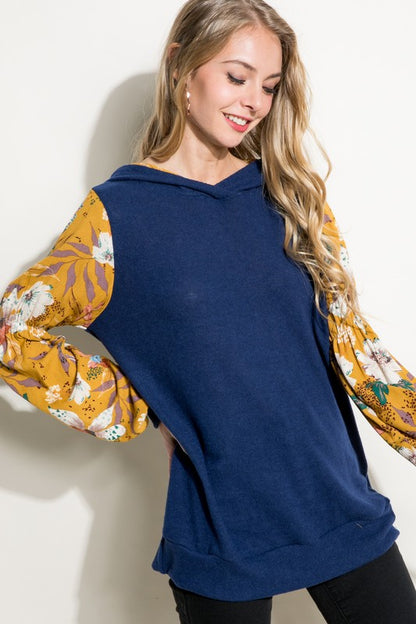 SOLID FLORAL PRINT BUBBLE PUFF SLEEVE HOODIE TOP