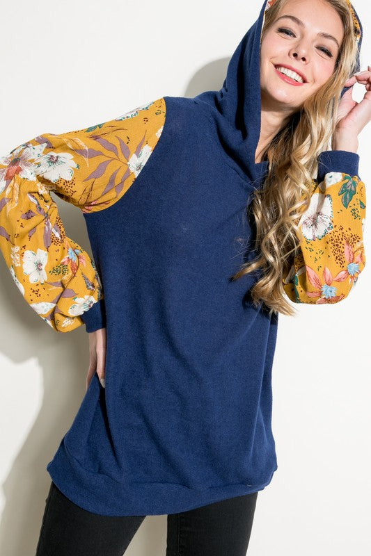 SOLID FLORAL PRINT BUBBLE PUFF SLEEVE HOODIE TOP