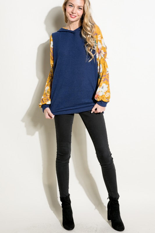 SOLID FLORAL PRINT BUBBLE PUFF SLEEVE HOODIE TOP