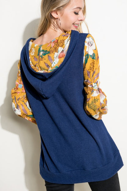 SOLID FLORAL PRINT BUBBLE PUFF SLEEVE HOODIE TOP