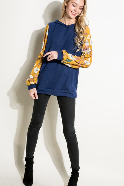 SOLID FLORAL PRINT BUBBLE PUFF SLEEVE HOODIE TOP