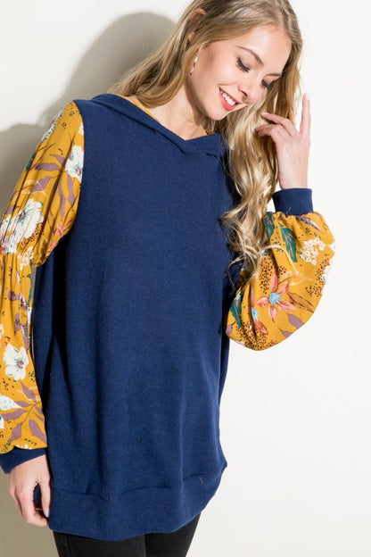 SOLID FLORAL PRINT BUBBLE PUFF SLEEVE HOODIE TOP