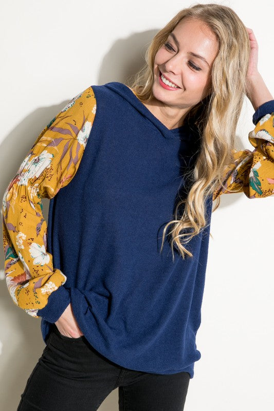 SOLID FLORAL PRINT BUBBLE PUFF SLEEVE HOODIE TOP