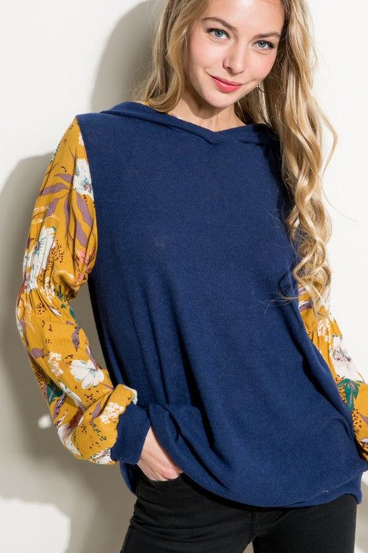 SOLID FLORAL PRINT BUBBLE PUFF SLEEVE HOODIE TOP