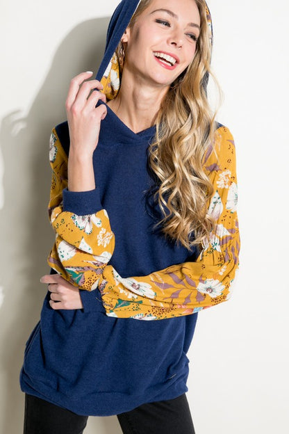 SOLID FLORAL PRINT BUBBLE PUFF SLEEVE HOODIE TOP