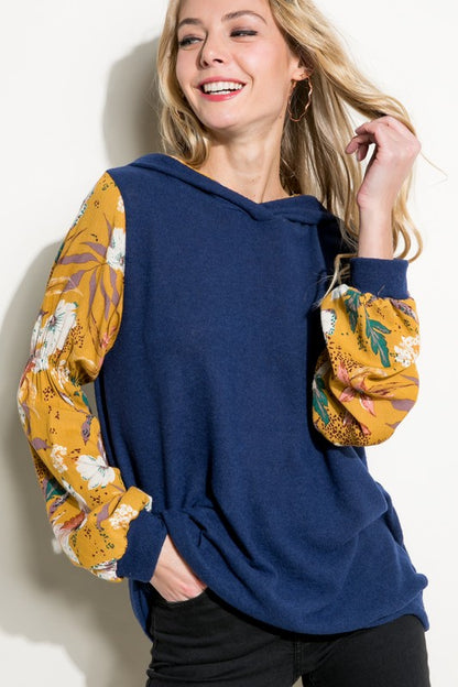 SOLID FLORAL PRINT BUBBLE PUFF SLEEVE HOODIE TOP